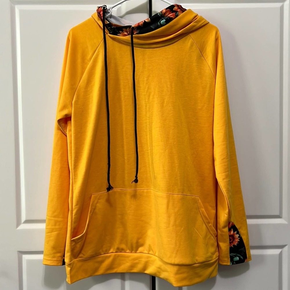 Sunny Yellow Double Hoodie Sunflower Pattern Thumb Holes Side Drawstring
